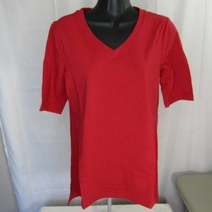 Denim & Co Jersey V-Neck Henley Top Hi-Low Red XS